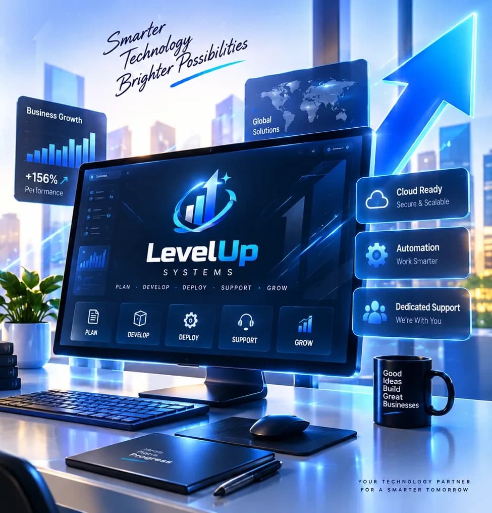 LevelUp Systems digital workspace with dashboard, cloud, automation and support panels